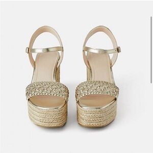 Zara Metallic Strap Woven Platform Wedge Sandals